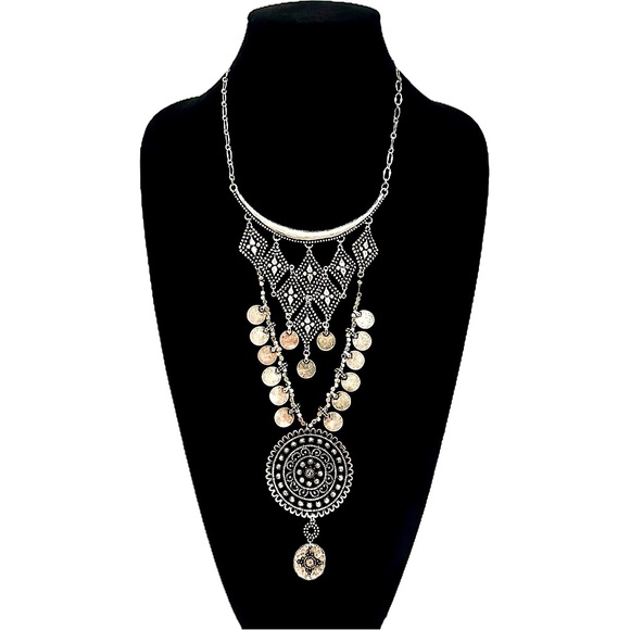 White House Black Market Jewelry - WHBM Silver Statement Bib Necklace With Coin Detail | NWT